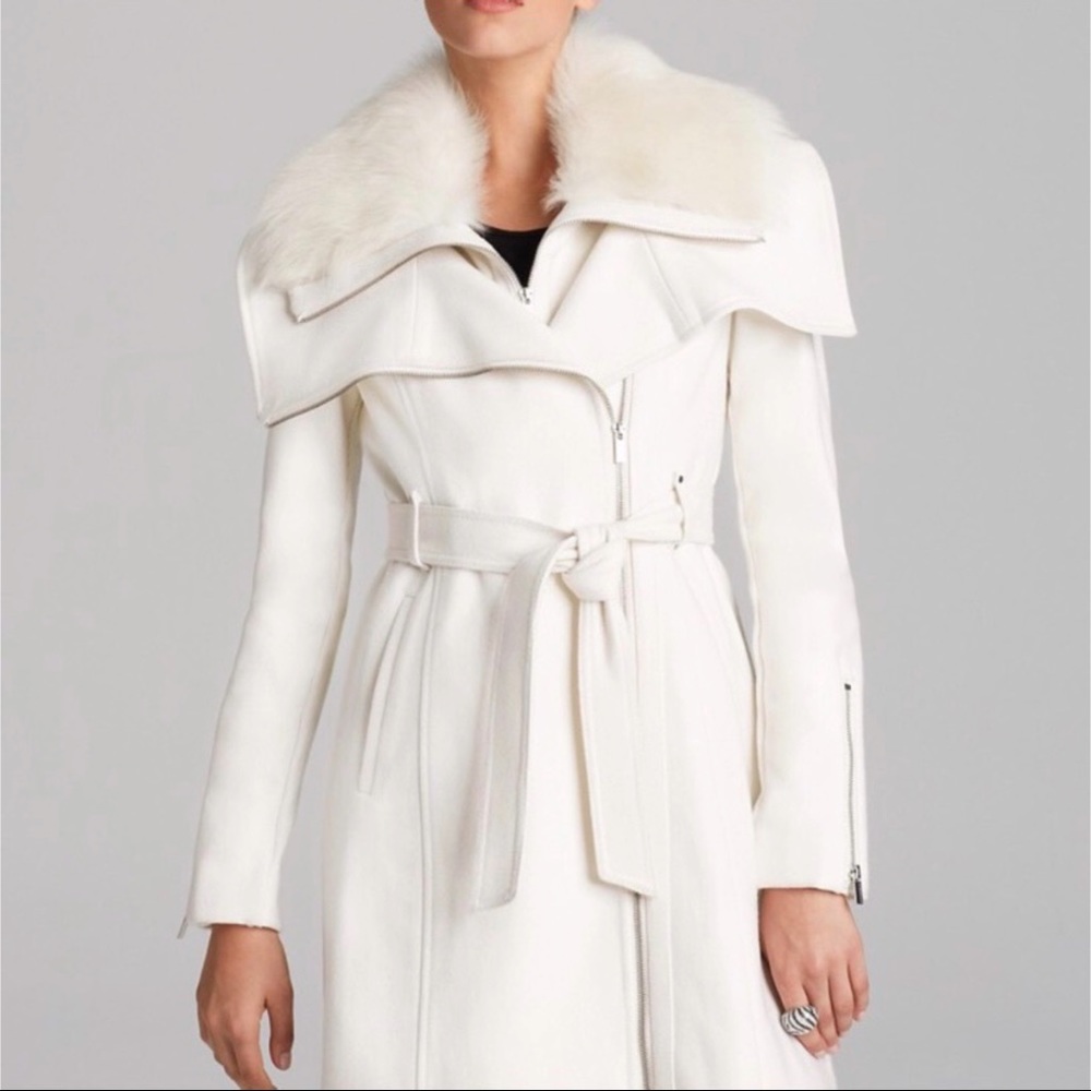 BCBGMaxAzria White Wool & Fur Pea Coat